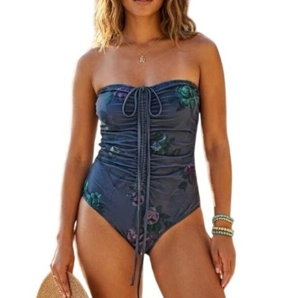 GANNI Strapless Ruched Floral One Piece Swimsuit Slate Grey Blue Size Small‎